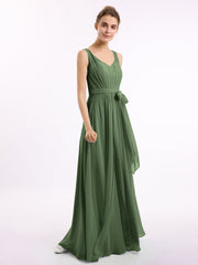 V neck Chiffon Bow Sash Gowns with Split Olive Green
