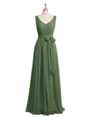 V neck Chiffon Bow Sash Gowns with Split Olive Green