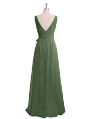 V neck Chiffon Bow Sash Gowns with Split Olive Green
