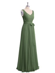 V neck Chiffon Bow Sash Gowns with Split Olive Green