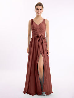 V neck Chiffon Bow Sash Gowns with Split Terracotta