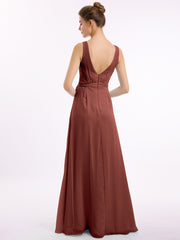 V neck Chiffon Bow Sash Gowns with Split Terracotta Plus Size
