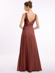 V neck Chiffon Bow Sash Gowns with Split Terracotta