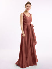 V neck Chiffon Bow Sash Gowns with Split Terracotta Plus Size