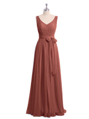 V neck Chiffon Bow Sash Gowns with Split Terracotta Plus Size