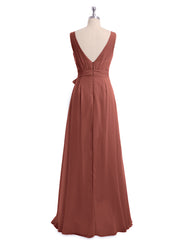 V neck Chiffon Bow Sash Gowns with Split Terracotta