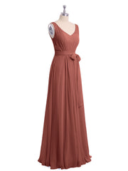 V neck Chiffon Bow Sash Gowns with Split Terracotta Plus Size