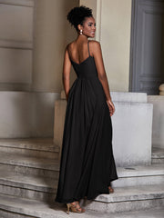 Cross Pleated Bodice Spaghetti Strap Dresses Black