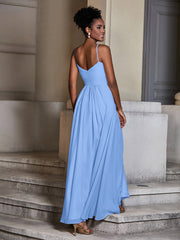 Cross Pleated Bodice Spaghetti Strap Dresses Blue