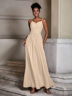 Cross Pleated Bodice Spaghetti Strap Dresses Champagne