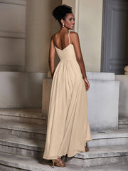 Cross Pleated Bodice Spaghetti Strap Dresses Champagne