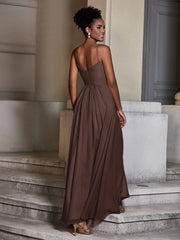 Cross Pleated Bodice Spaghetti Strap Dresses Chocolate