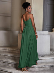 Cross Pleated Bodice Spaghetti Strap Dresses Dark Green
