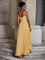 Cross Pleated Bodice Spaghetti Strap Dresses Gold