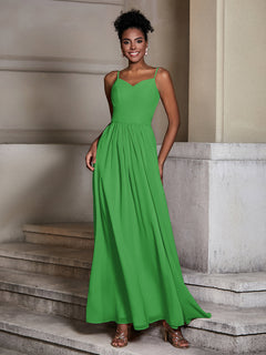 Cross Pleated Bodice Spaghetti Strap Dresses Green