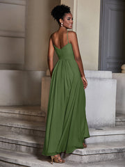 Cross Pleated Bodice Spaghetti Strap Dresses Moss