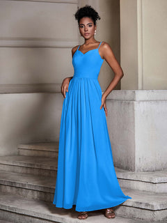 Cross Pleated Bodice Spaghetti Strap Dresses Ocean Blue