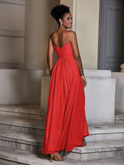 Cross Pleated Bodice Spaghetti Strap Dresses Red