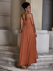 Cross Pleated Bodice Spaghetti Strap Dresses Rust