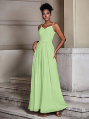 Cross Pleated Bodice Spaghetti Strap Dresses Sage
