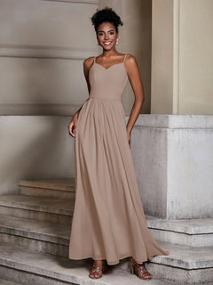 Cross Pleated Bodice Spaghetti Strap Dresses Taupe