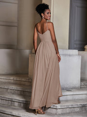 Cross Pleated Bodice Spaghetti Strap Dresses Taupe