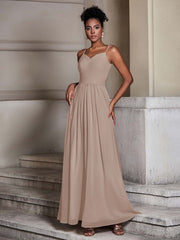 Cross Pleated Bodice Spaghetti Strap Dresses Taupe