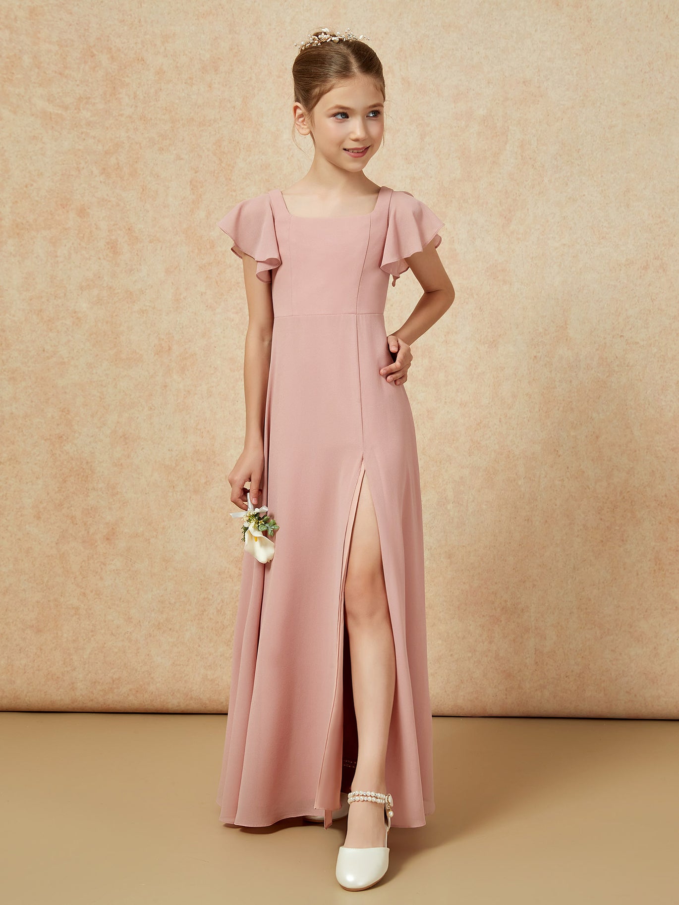 BABARONI Chiffon Dusty Rose Junior Bridesmaid Dresses A-line Square Cap Sleeve With Slit Floor-length BABARONI Chiffon Dusty Rose Junior Bridesmaid Dresses A-line Square Cap Sleeve With Slit Floor-length