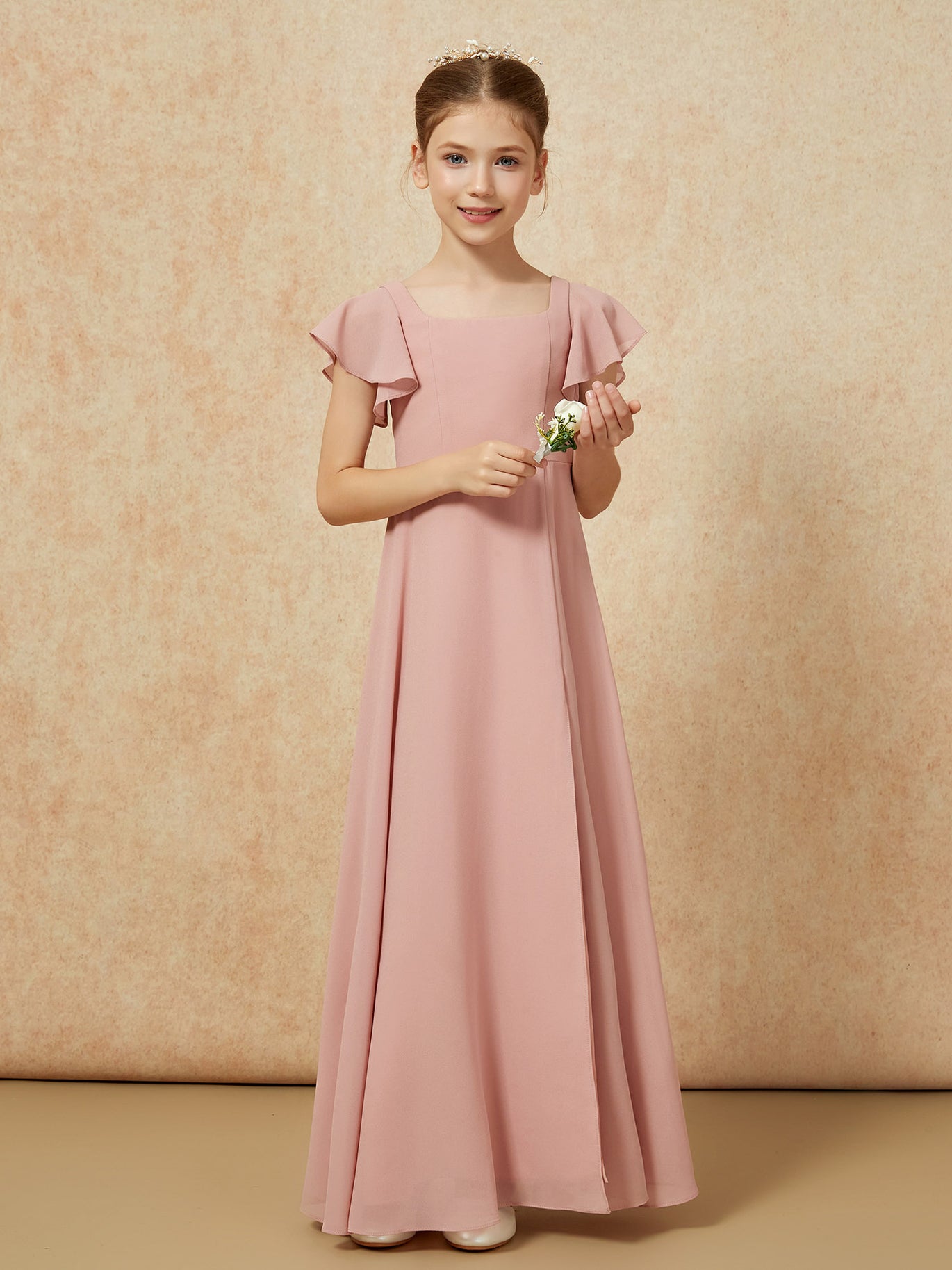BABARONI Flutter Sleeves Long Junior Bridesmaid Dresses With Slit Vintage Mauve, Vintage Mauve / J4