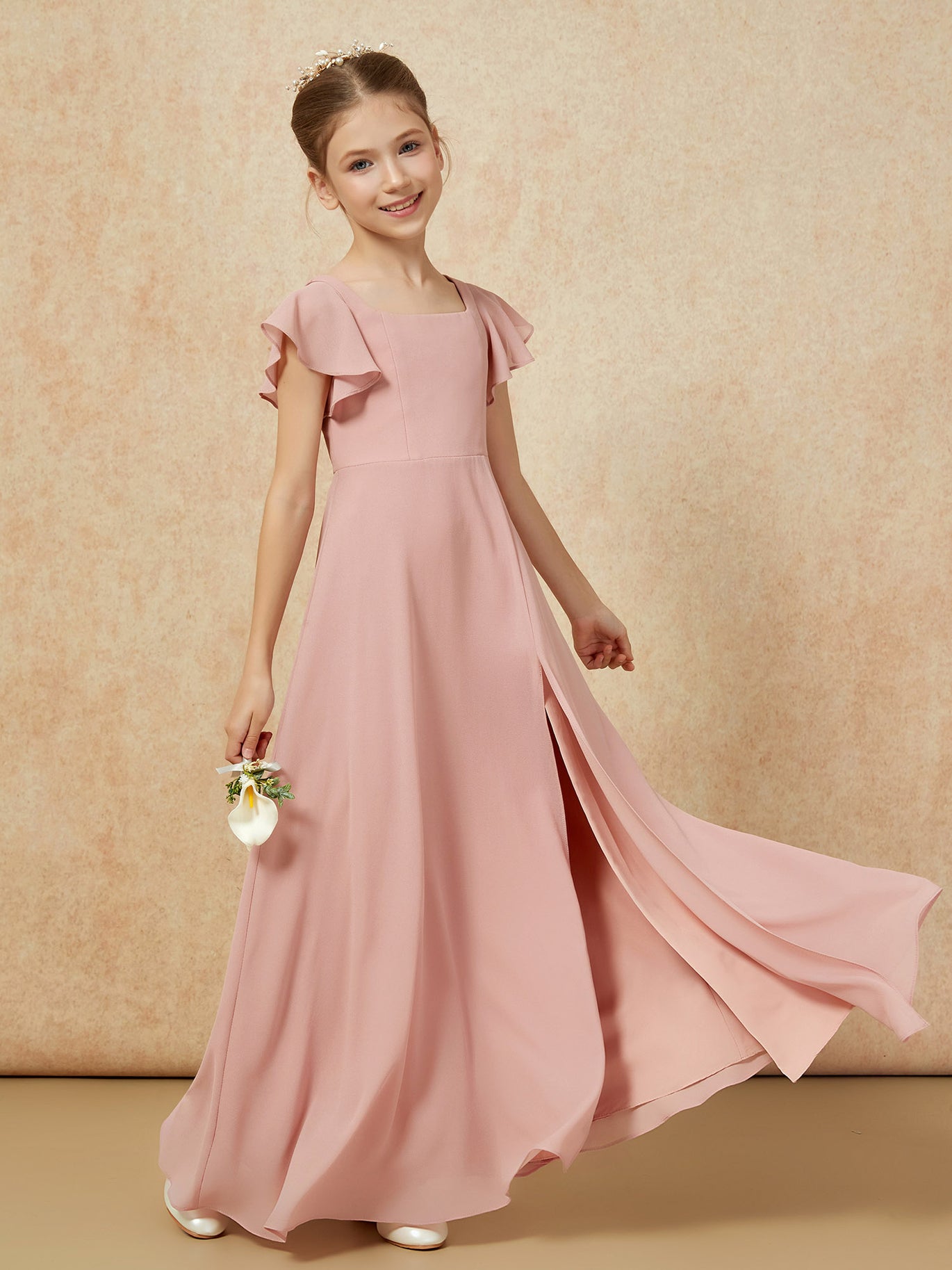 BABARONI Flutter Sleeves Long Junior Bridesmaid Dresses With Slit Coral, Coral / J4
