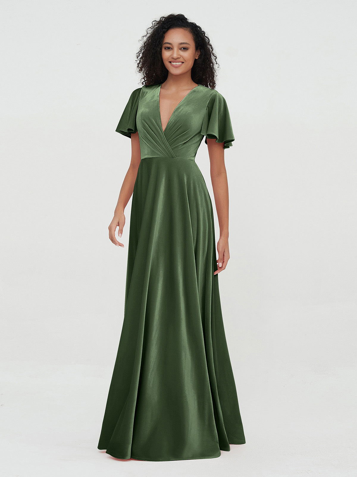 Open Back Max Velvet Dresses with Flutter Sleeves Olive Green- Delores ...