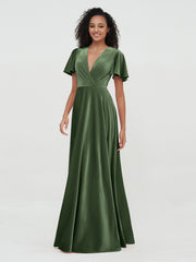 Open Back Max Velvet Dresses with Flutter Sleeves Olive Green