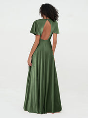Open Back Max Velvet Dresses with Flutter Sleeves Olive Green