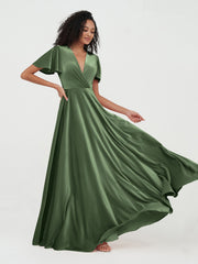 Open Back Max Velvet Dresses with Flutter Sleeves Olive Green