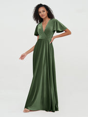 Open Back Max Velvet Dresses with Flutter Sleeves Olive Green