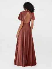 Open Back Max Velvet Dresses with Flutter Sleeves Terracotta Plus Size