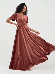 Open Back Max Velvet Dresses with Flutter Sleeves Terracotta Plus Size