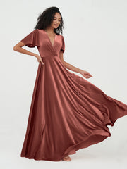 Open Back Max Velvet Dresses with Flutter Sleeves Terracotta