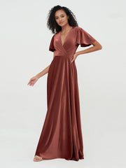 Open Back Max Velvet Dresses with Flutter Sleeves Terracotta