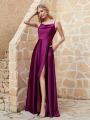 A Line Cowl Neck Satin Dress With Slit Orchid