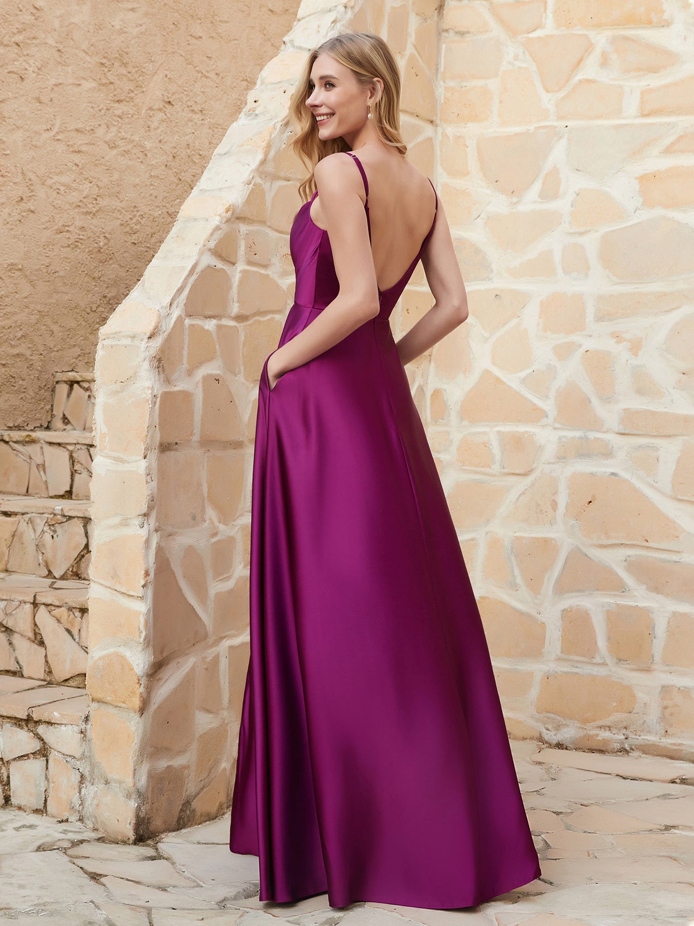 BABARONI Soft Satin Mulberry Bridesmaid Dresses Cowl Neck Floor-length Spaghetti Straps with Pocket A-line, Mulberry / US0