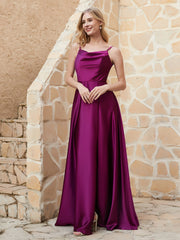 A Line Cowl Neck Satin Dress With Slit Orchid
