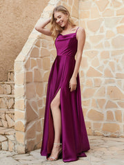 A Line Cowl Neck Satin Dress With Slit Orchid