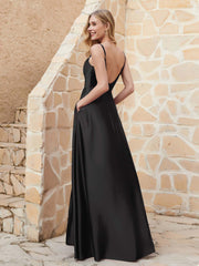A Line Cowl Neck Satin Dress With Slit Black
