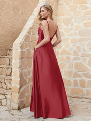 A Line Cowl Neck Satin Dress With Slit Burgundy