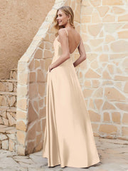 A Line Cowl Neck Satin Dress With Slit Champagne