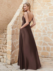 A Line Cowl Neck Satin Dress With Slit Chocolate