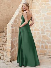 A Line Cowl Neck Satin Dress With Slit Dark Green