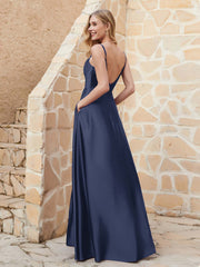 A Line Cowl Neck Satin Dress With Slit Dark Navy