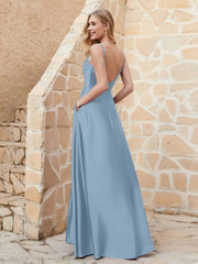 A Line Cowl Neck Satin Dress With Slit Dusty Blue